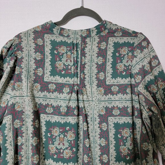 Porridge Womens Tunic Top Sz 1X Long Puff Sleeves Pleated Green Wine Floral Y2K - Picture 4 of 13